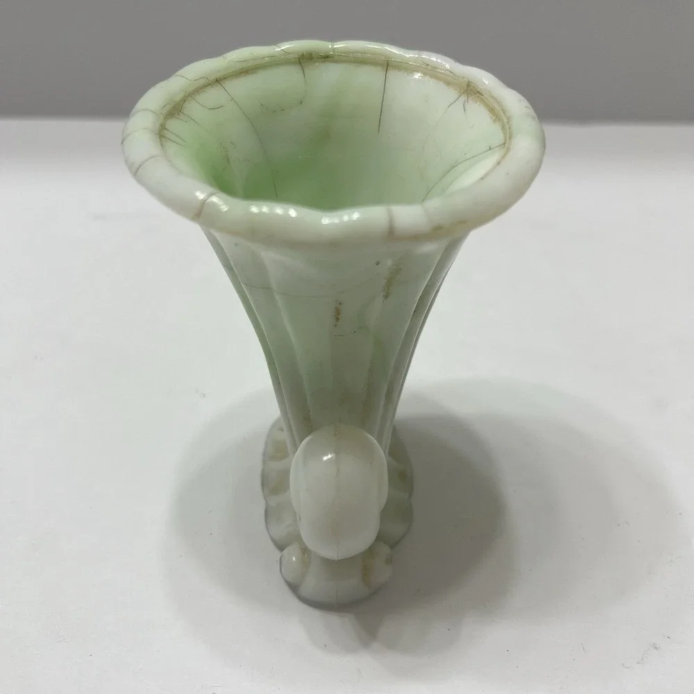 Vintage Green White Swirl Slag Glass Cornucopia Miniature Vase Toothpick Holder